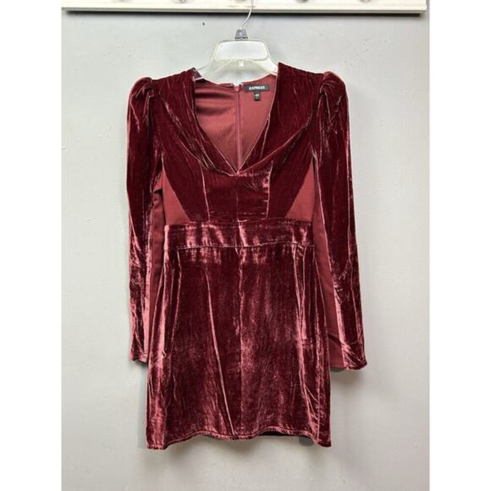 Express Dress Womens 2 Velvet Plunging Neckline Shoulder Pads Burgundy Puff